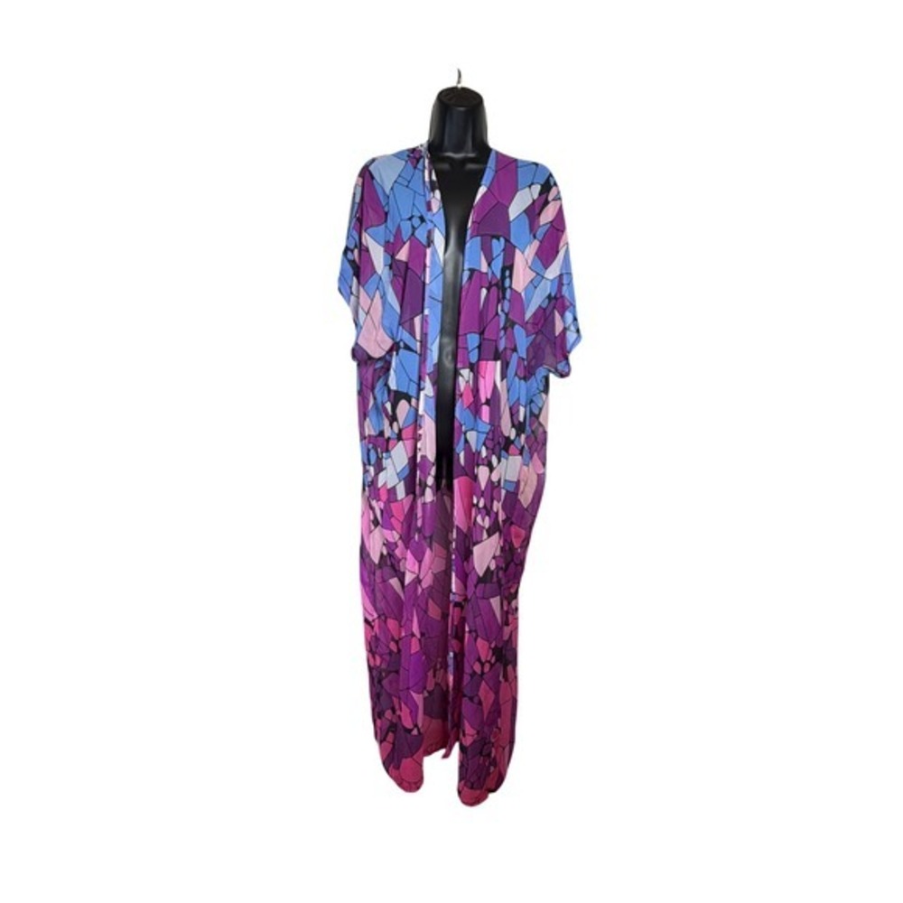 Retro Maximalism Abstract Stained Glass Mosaic Sheer Mesh Open Front Maxi Duster